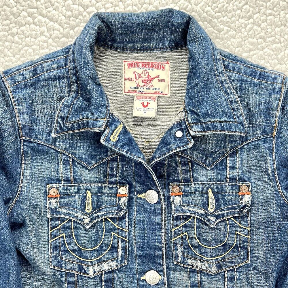 True Religion Denim Trucker Jacket Jimmy Women's Medium Distressed Y2K - Picture 2 of 14
